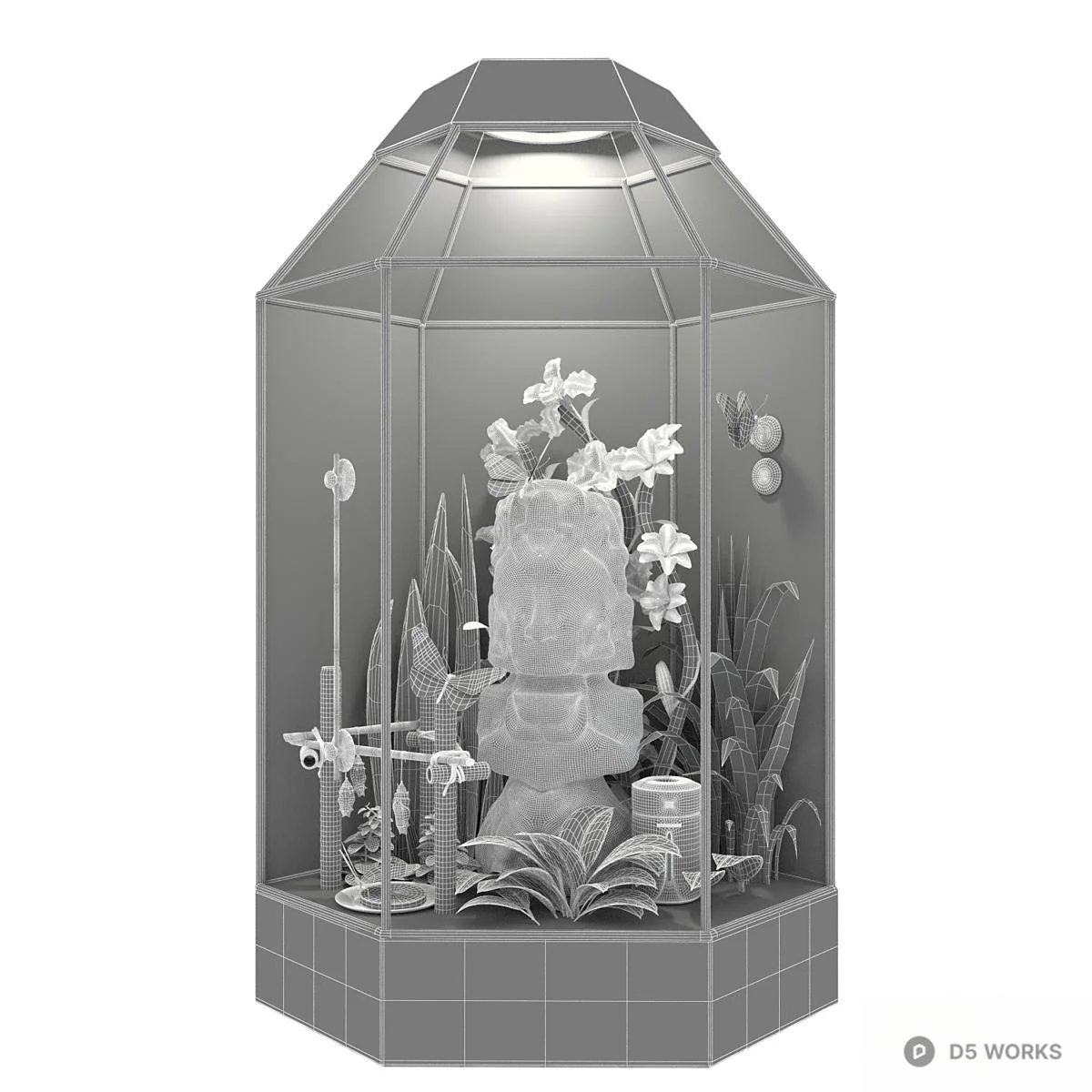 Geometric Glass Enclosure With Sculpture And Floral Arrangement 3d model thumbnail 3