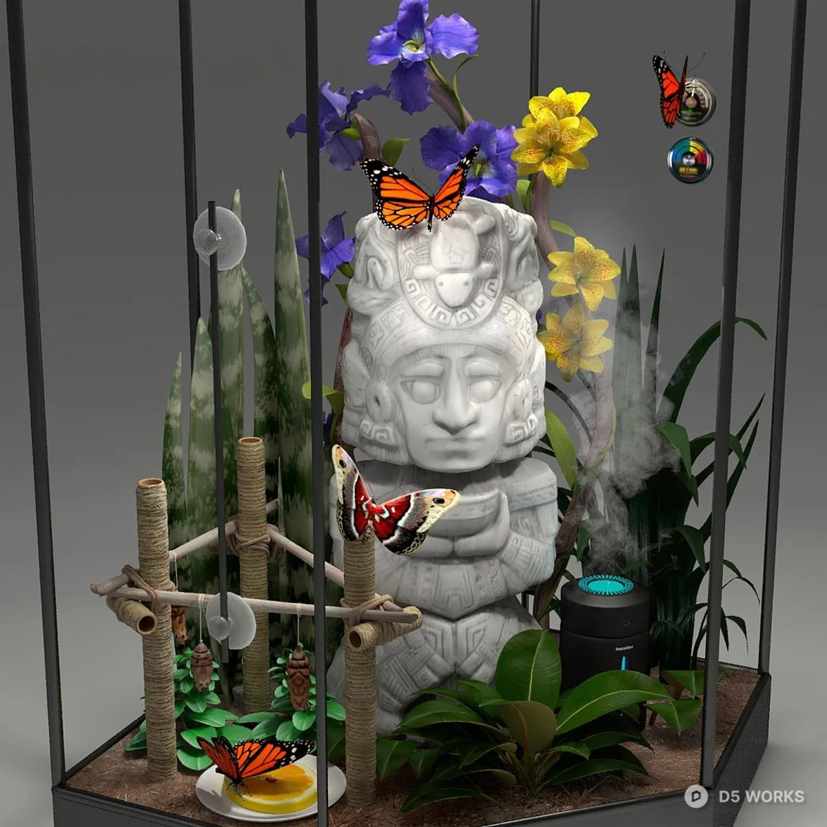 Geometric Glass Enclosure With Sculpture And Floral Arrangement 3d model thumbnail 2