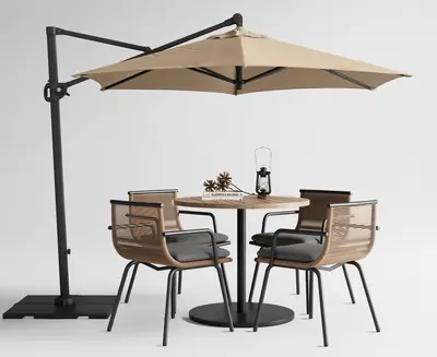 Minimalist Outdoor Table And Chairs With Cantilever Umbrella 3d model