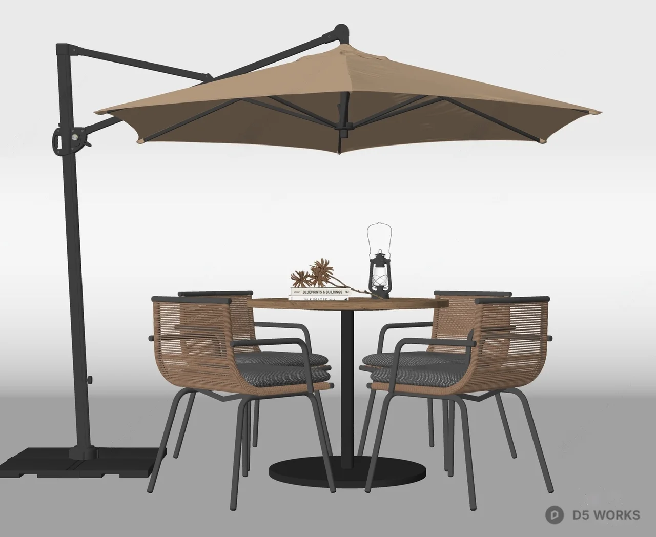 Minimalist Outdoor Table And Chairs With Cantilever Umbrella 3d model thumbnail 2
