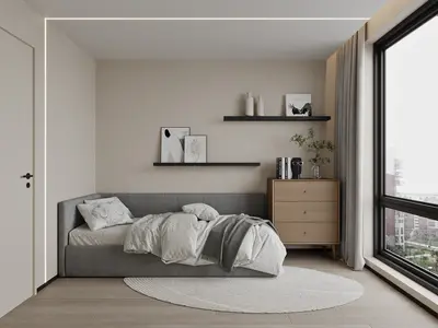 Minimalist Bedroom with Daybed and Floating Shelves 3d model