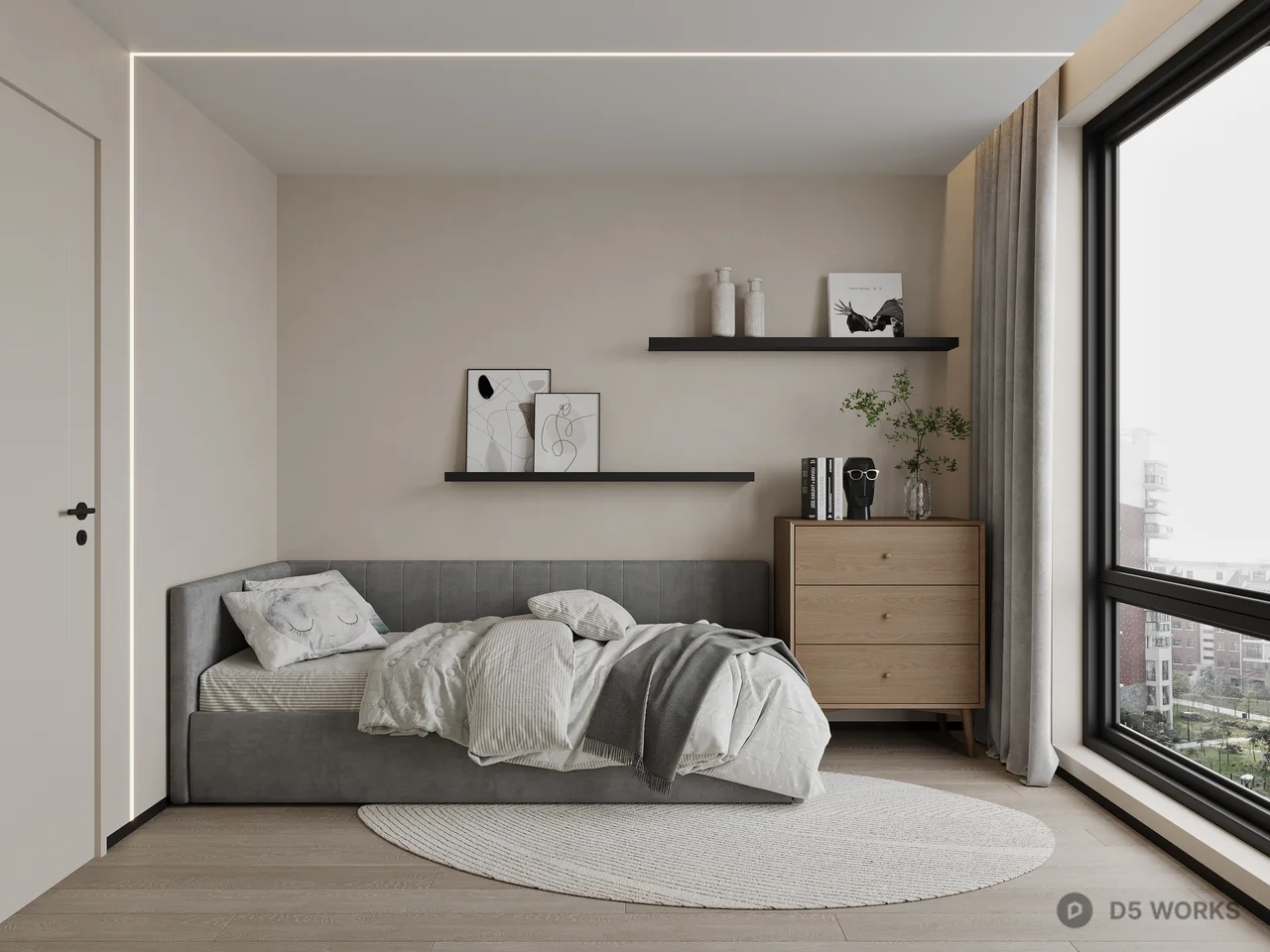 Minimalist Bedroom with Daybed and Floating Shelves 3d model - Image 1