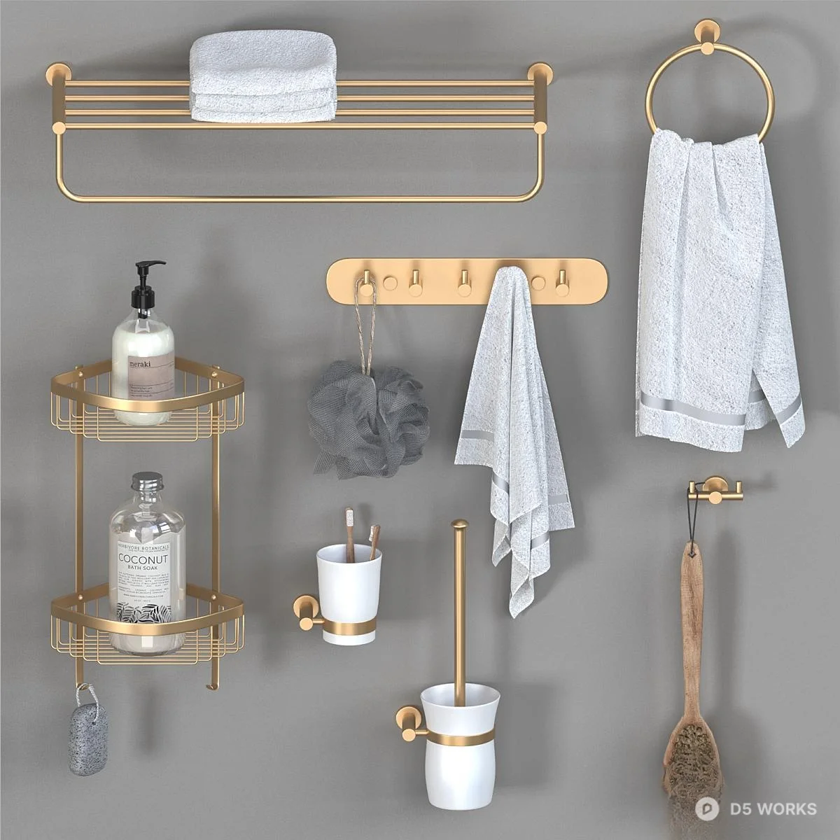 Gold Tone Bathroom Hardware Set 3d model thumbnail 2