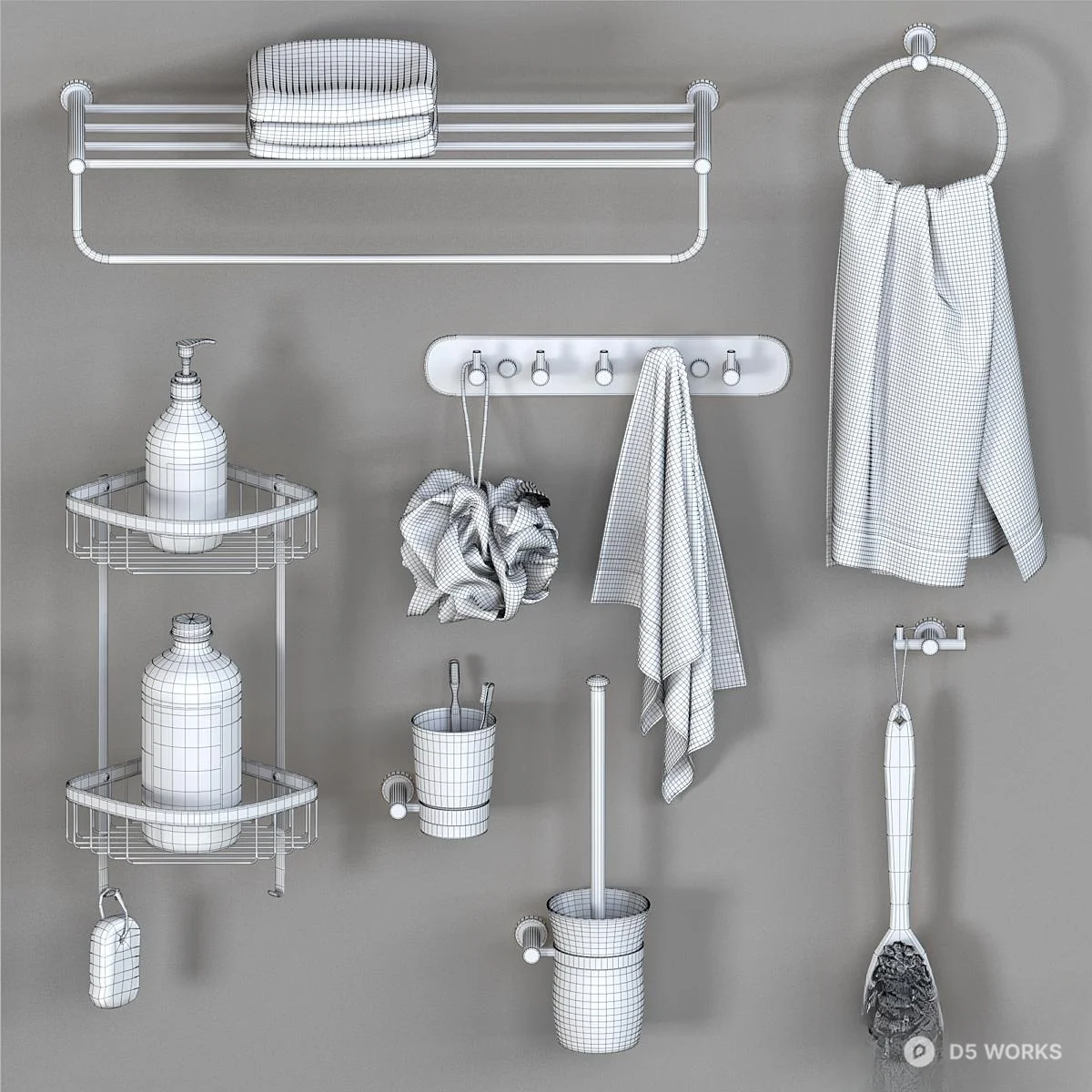 Gold Tone Bathroom Hardware Set 3d model thumbnail 3