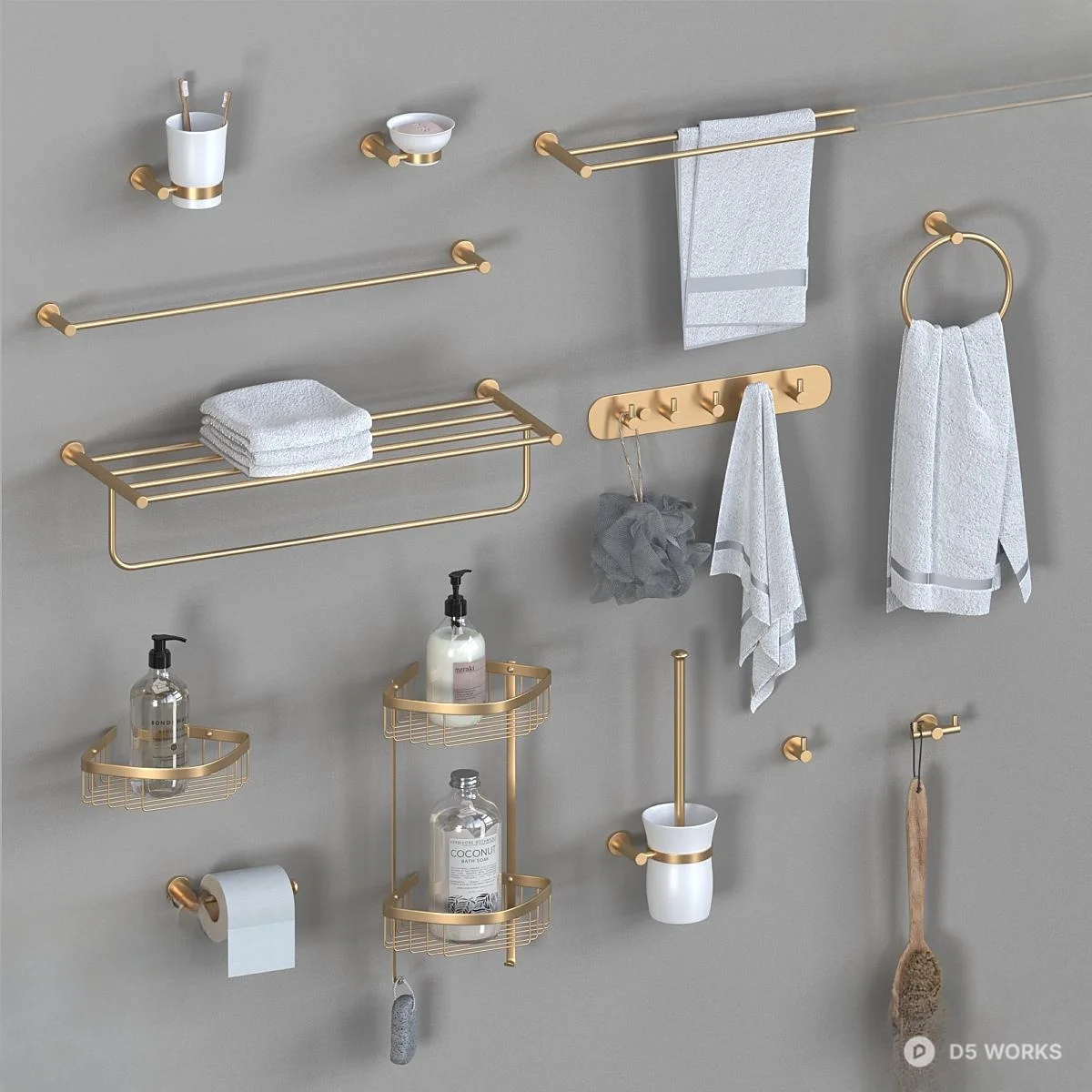 Gold Tone Bathroom Hardware Set 3d model - Image 1