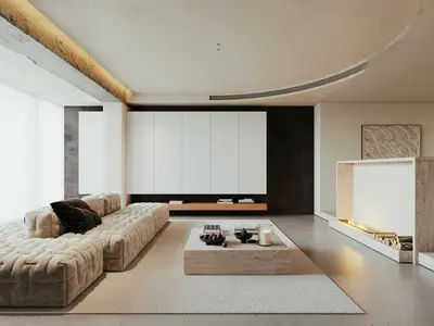 Minimalist Living Room with Curved Ceiling and Stone Fireplace 3d model