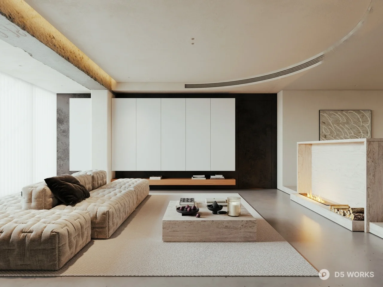Minimalist Living Room with Curved Ceiling and Stone Fireplace 3d model - Image 1