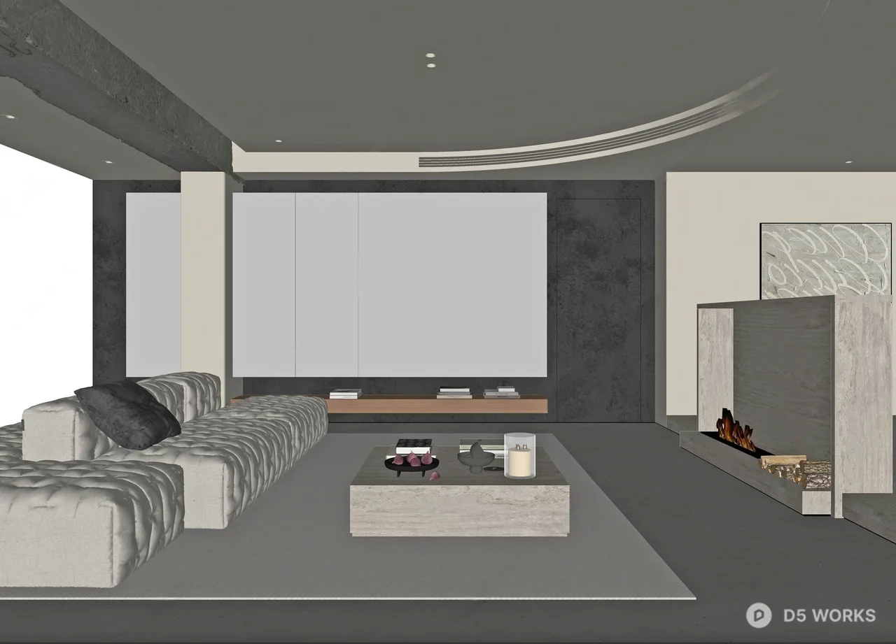 Minimalist Living Room with Curved Ceiling and Stone Fireplace 3d model thumbnail 2