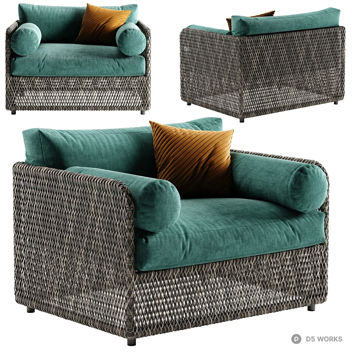 Woven Rattan Single Sofa With Teal Upholstery 3d model - Image 1