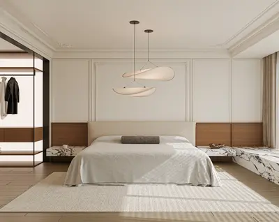 Minimalist Modern Bedroom With Integrated Wardrobe And Sculptural Pendant Lighting 3d model