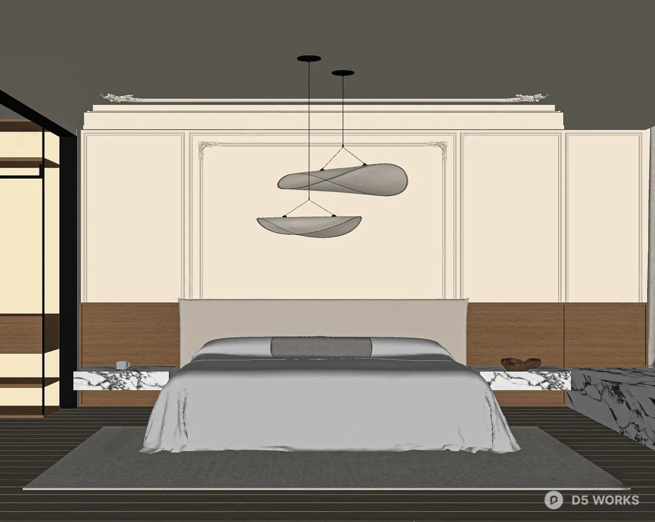 Minimalist Modern Bedroom With Integrated Wardrobe And Sculptural Pendant Lighting 3d model thumbnail 2