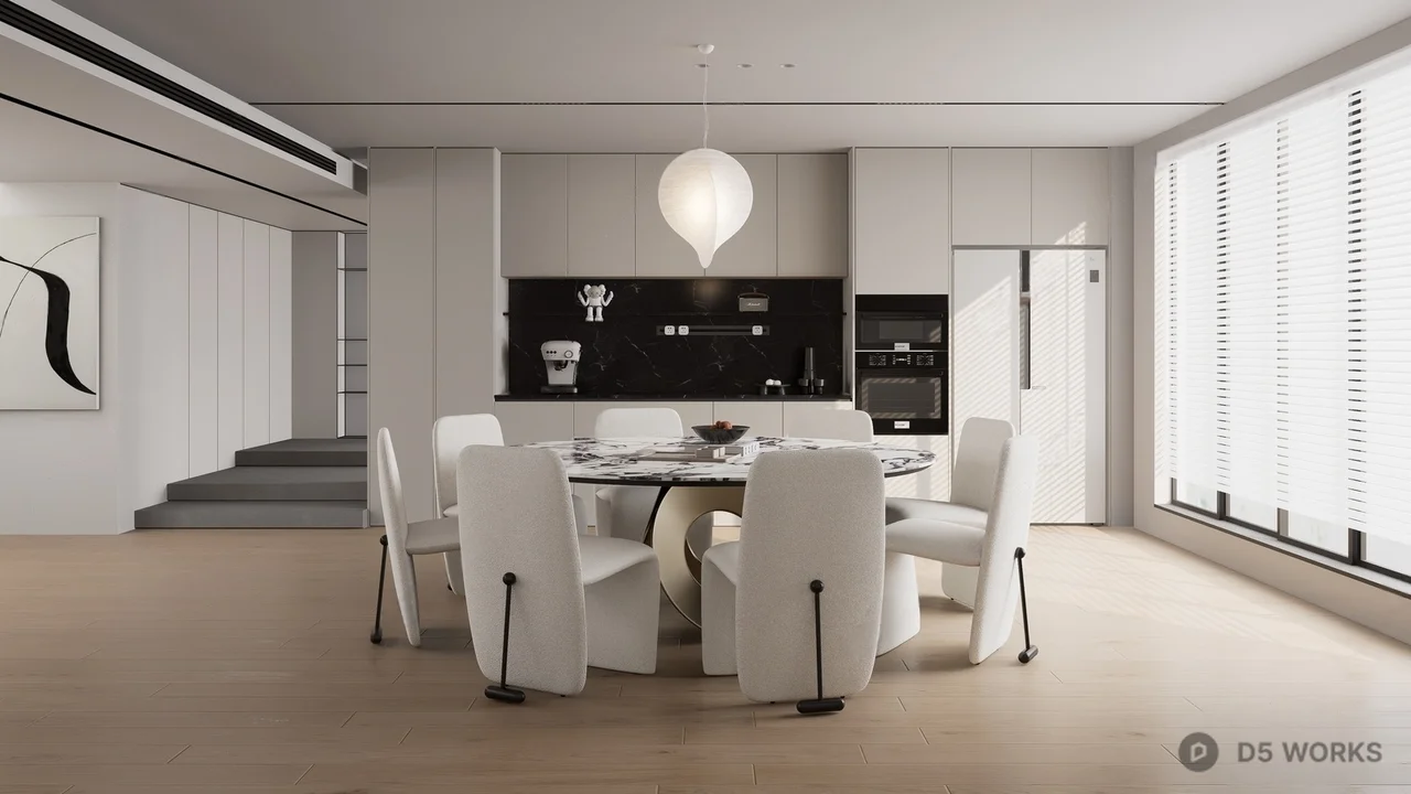 Minimalist Villa Dining Room with Pendant Light 3d model - Image 1