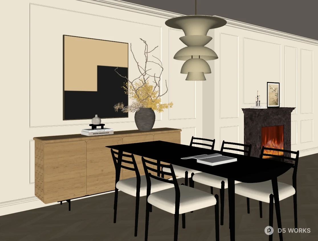 Minimalist Dining Room with Fireplace and Pendant Light 3d model thumbnail 2