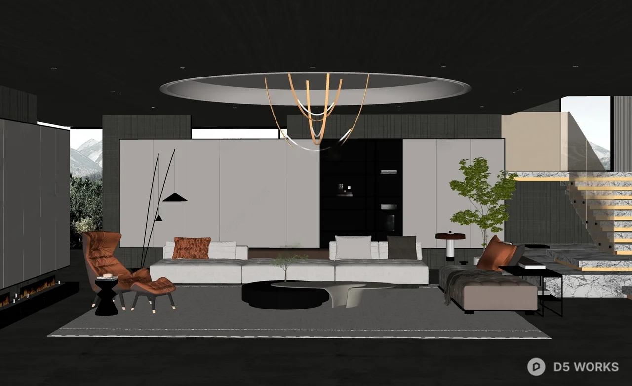 Modern Luxury Living Room With Circular Chandelier 3d model thumbnail 2