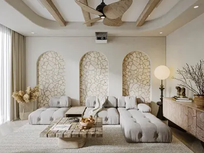 Coastal Style Living Room with Arched Stone Walls 3d model