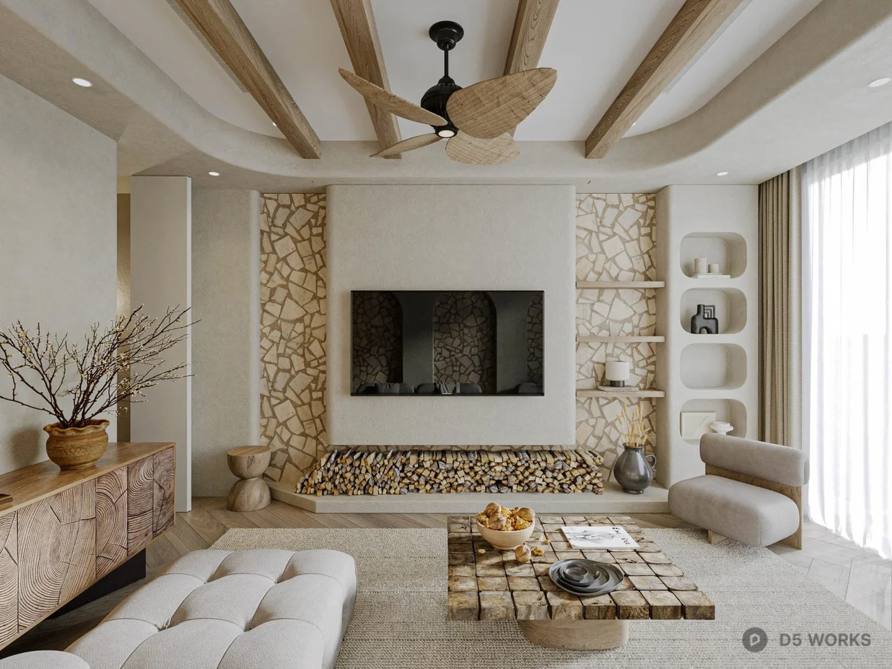 Coastal Style Living Room with Arched Stone Walls 3d model thumbnail 2