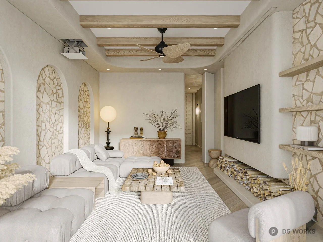 Coastal Style Living Room with Arched Stone Walls 3d model thumbnail 5