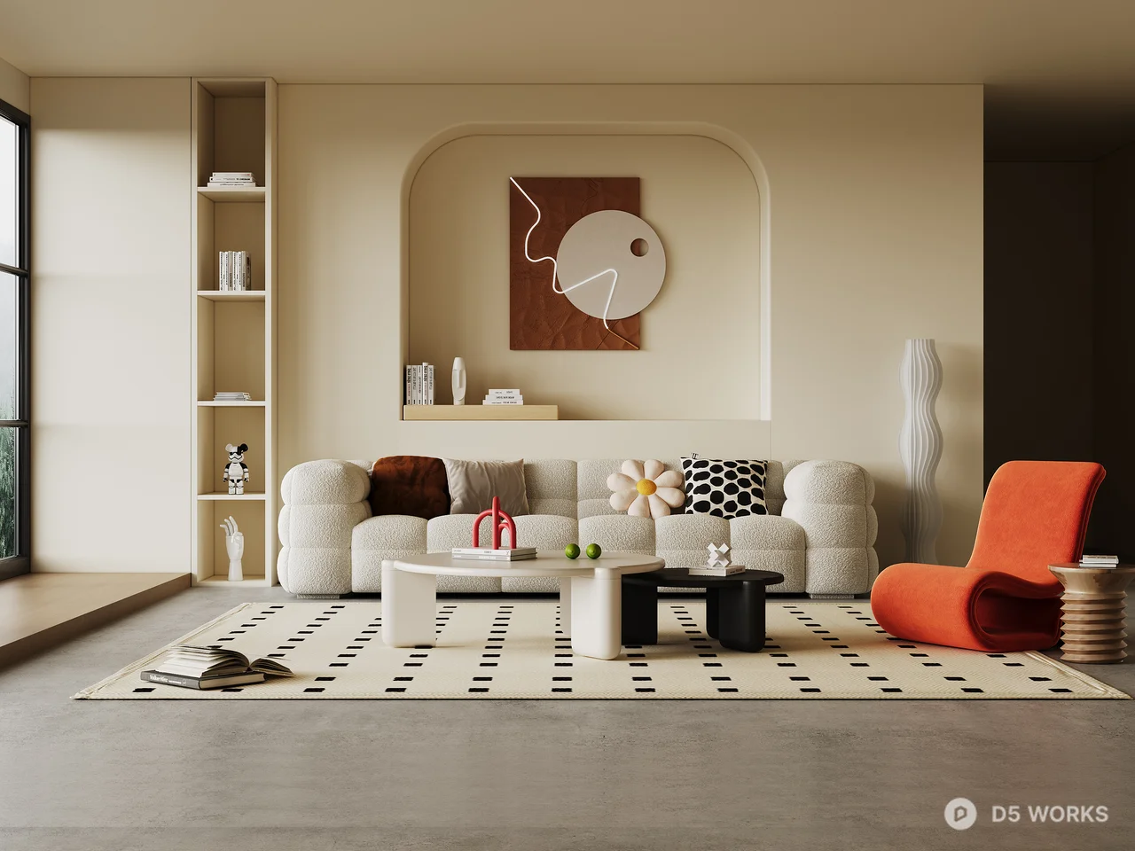 Minimalist Living Room with Curved Sofa and Geometric Rug 3d model - Image 1