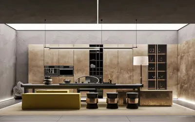 Minimalist Villa Dining Room with Stone Wall and Pendant Lighting 3d model