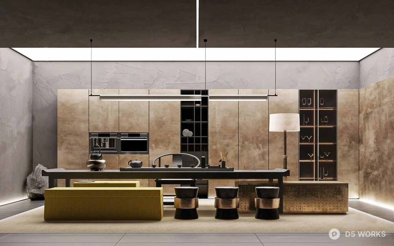 Minimalist Villa Dining Room with Stone Wall and Pendant Lighting 3d model - Image 1