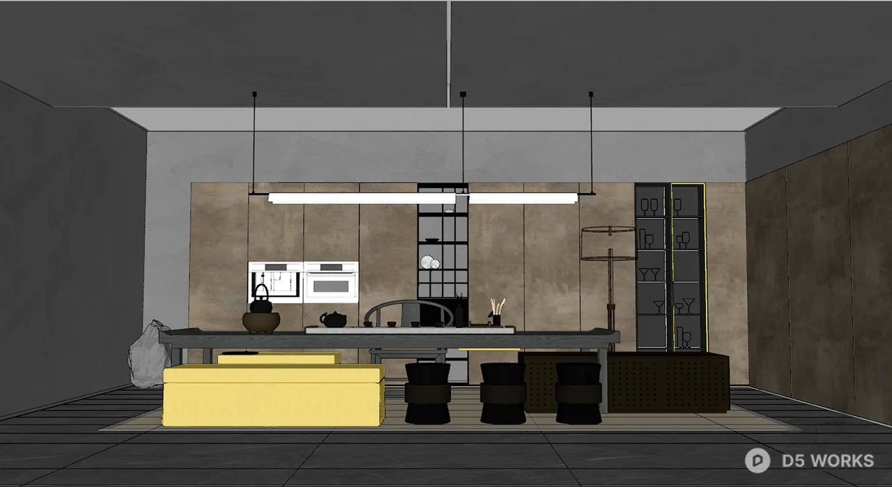 Minimalist Villa Dining Room with Stone Wall and Pendant Lighting 3d model thumbnail 2