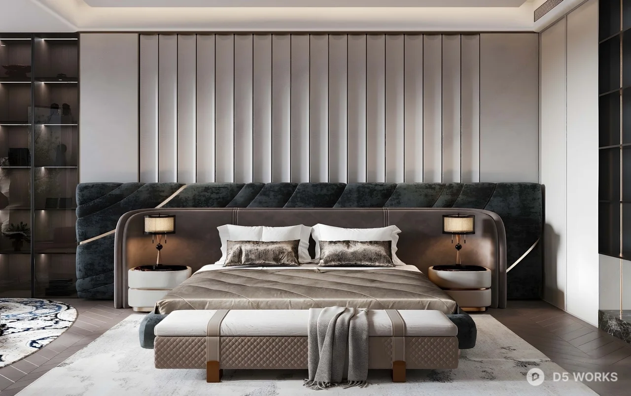 Modern Luxury Bedroom with Textured Headboard 3d model - Image 1
