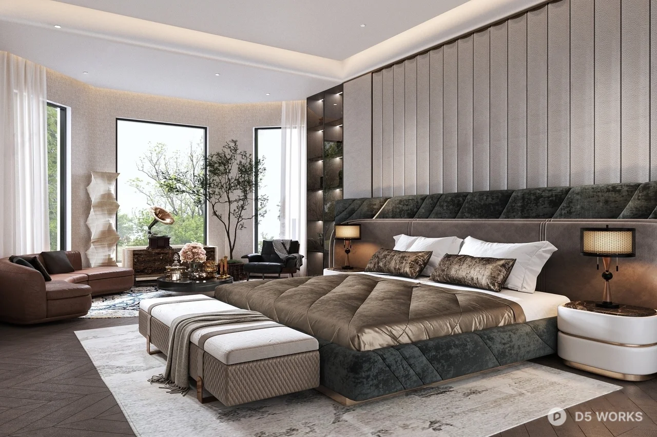 Modern Luxury Bedroom with Textured Headboard 3d model thumbnail 2