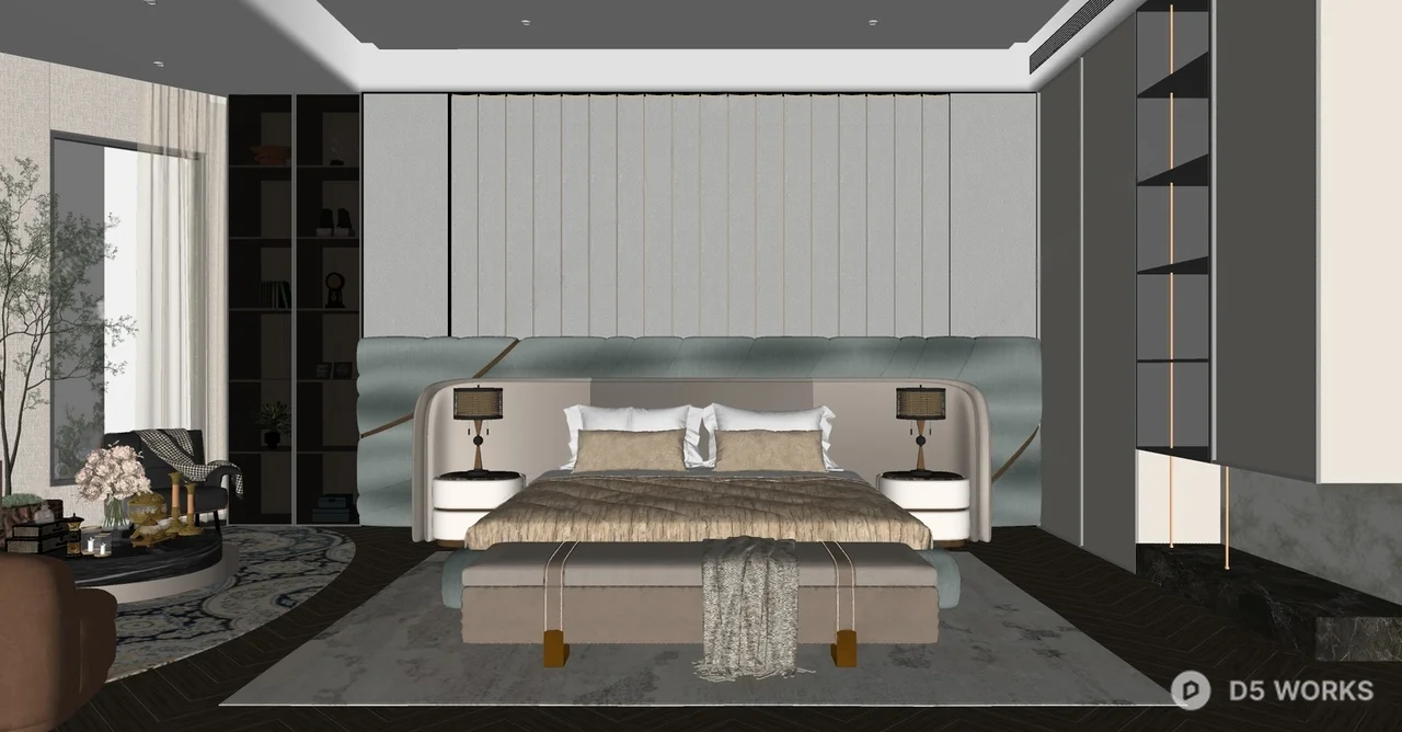 Modern Luxury Bedroom with Textured Headboard 3d model thumbnail 3