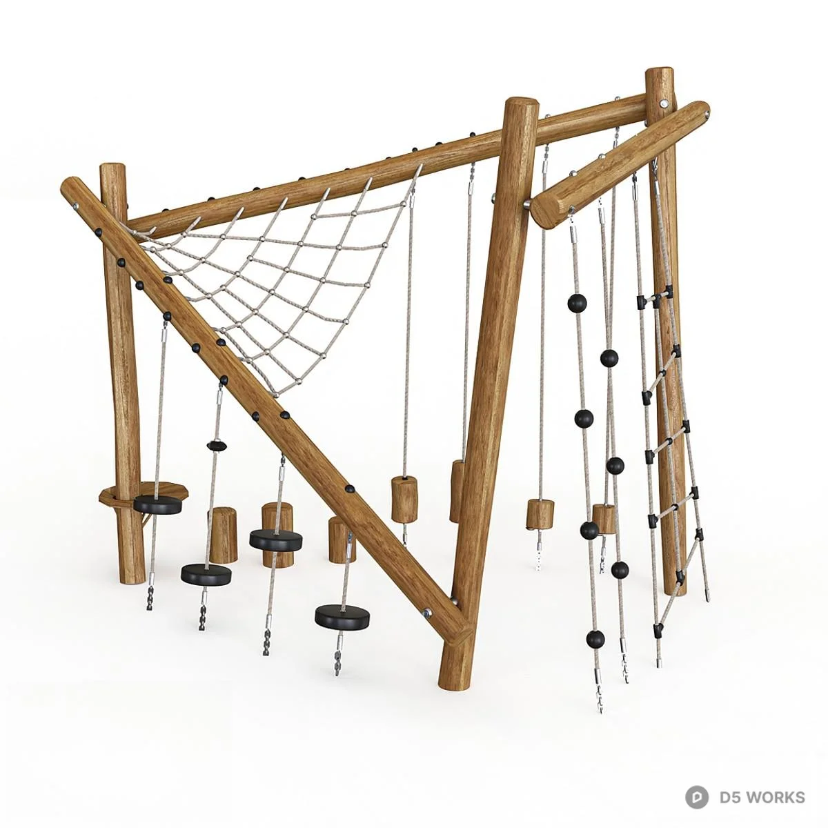 Wooden Climbing Frame With Rope Net And Hanging Elements 3d model - Image 1