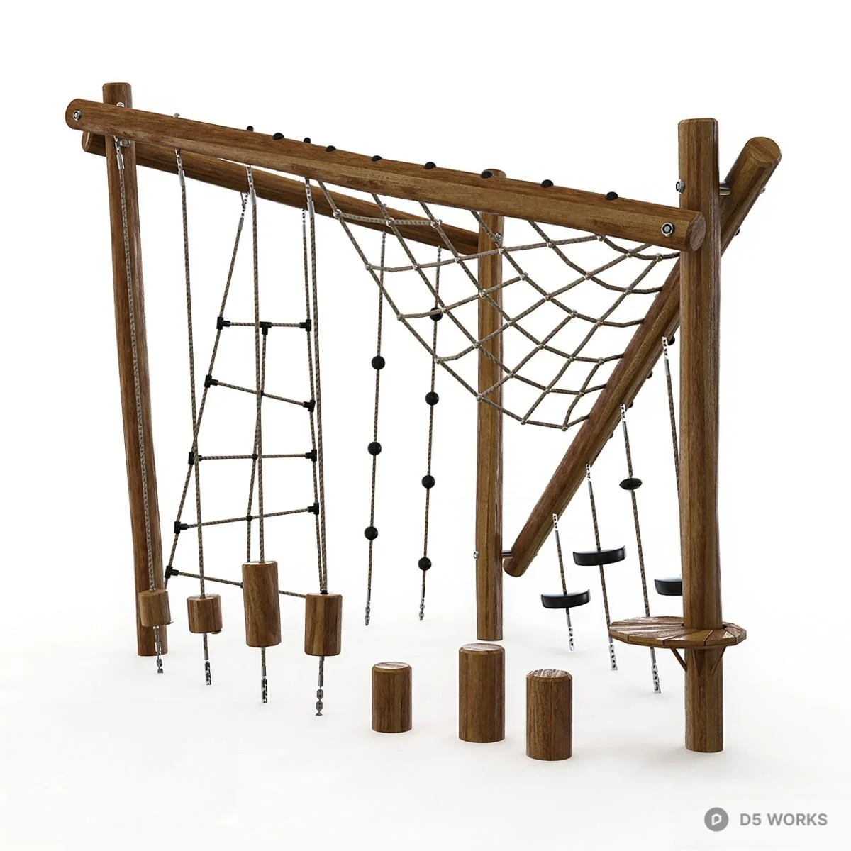 Wooden Climbing Frame With Rope Net And Hanging Elements 3d model thumbnail 2