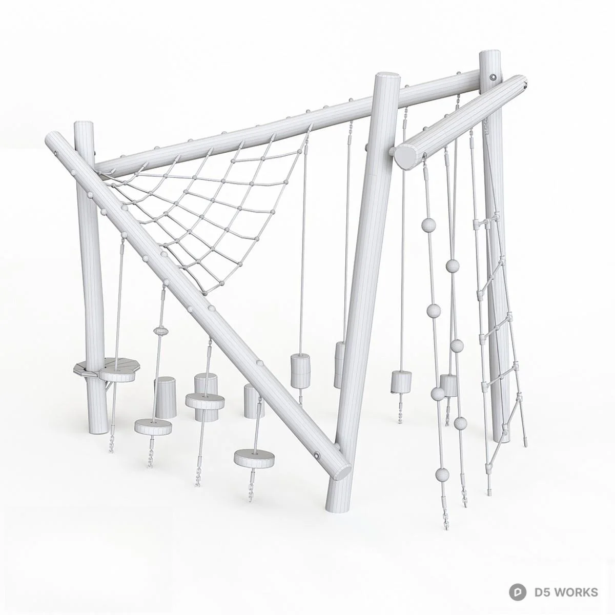 Wooden Climbing Frame With Rope Net And Hanging Elements 3d model thumbnail 3