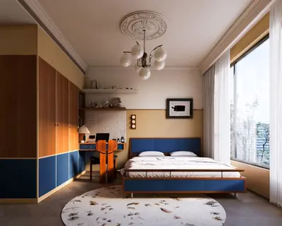 Mid Century Modern Bedroom with Blue Accent Wall 3d model