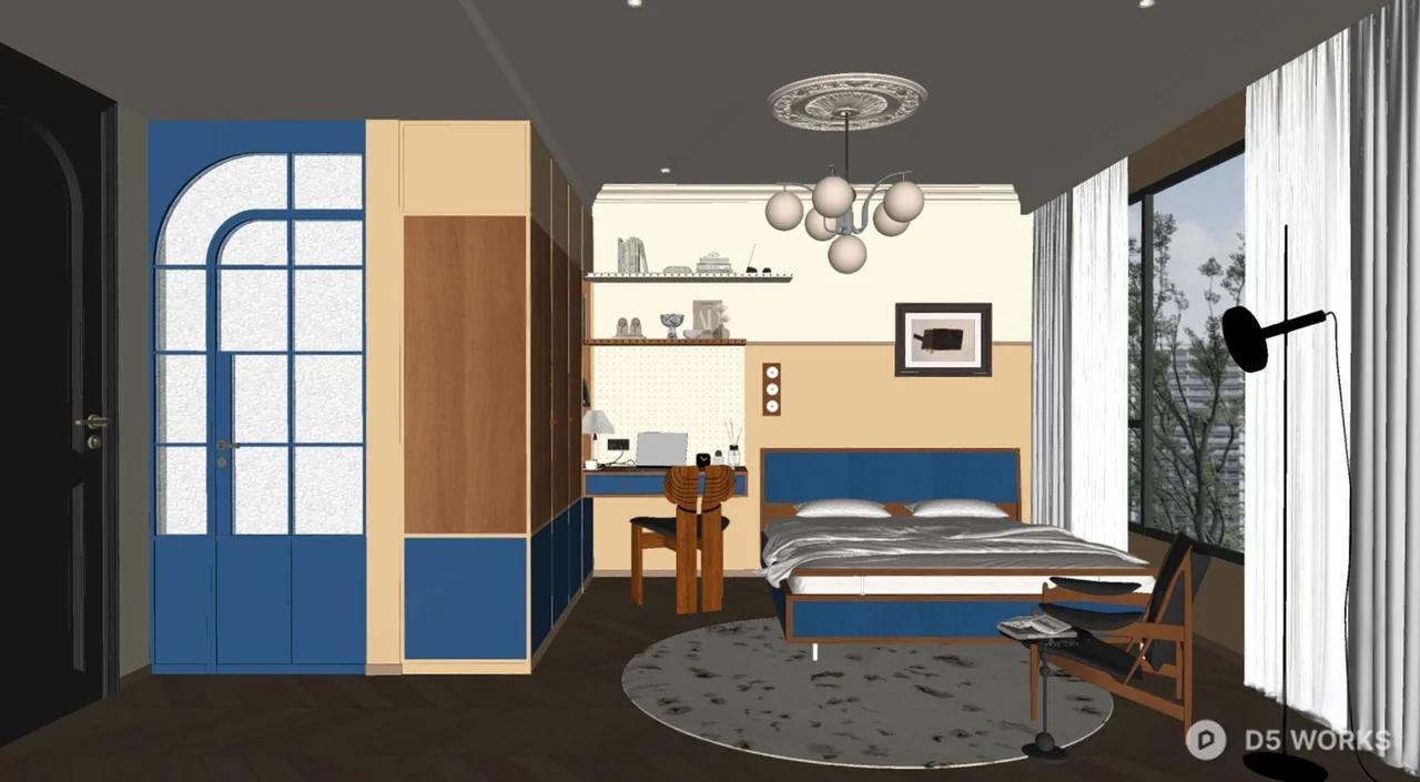 Mid Century Modern Bedroom with Blue Accent Wall 3d model thumbnail 2