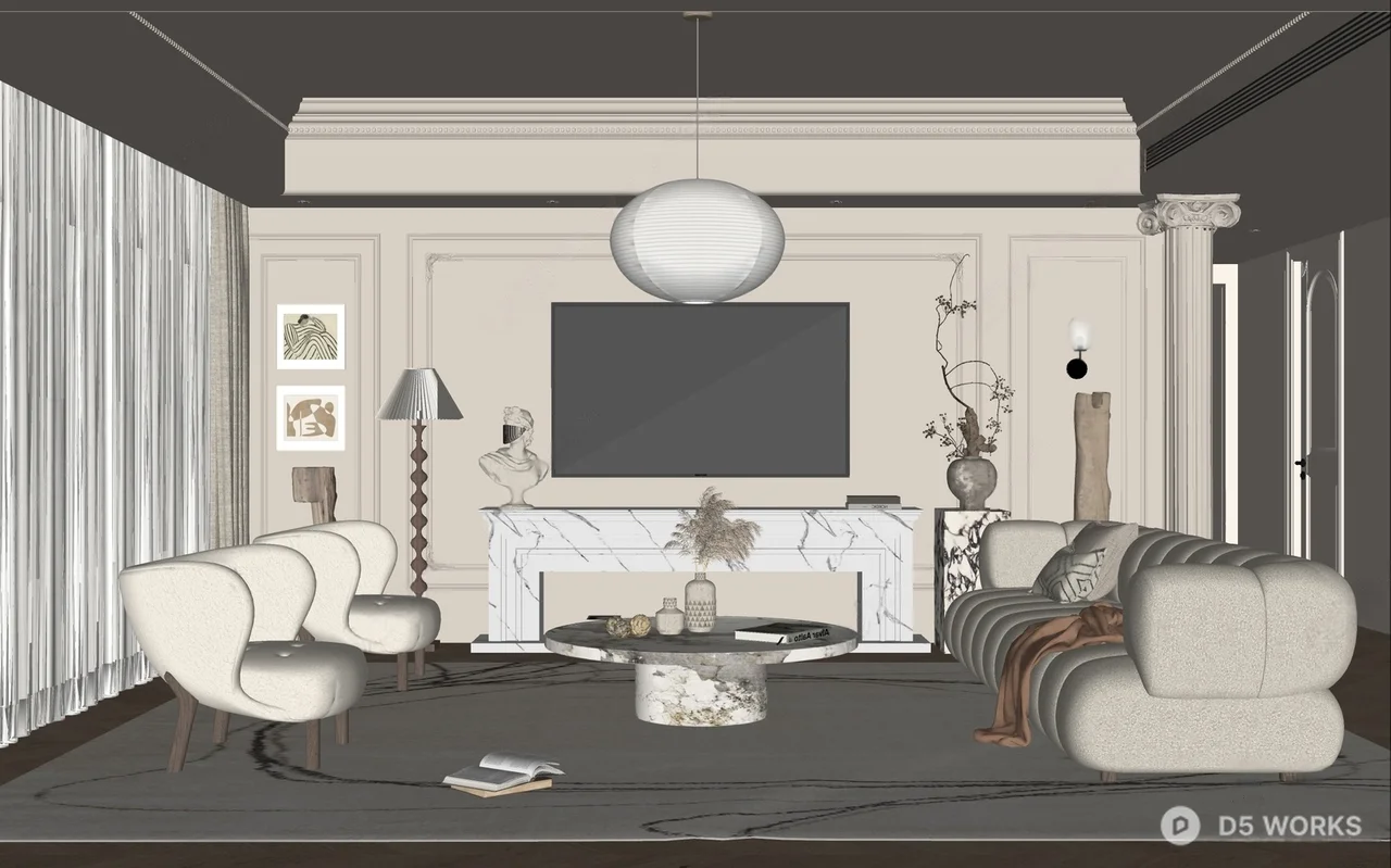 Elegant Living Room with Classic Molding and Soft Furnishings 3d model thumbnail 2