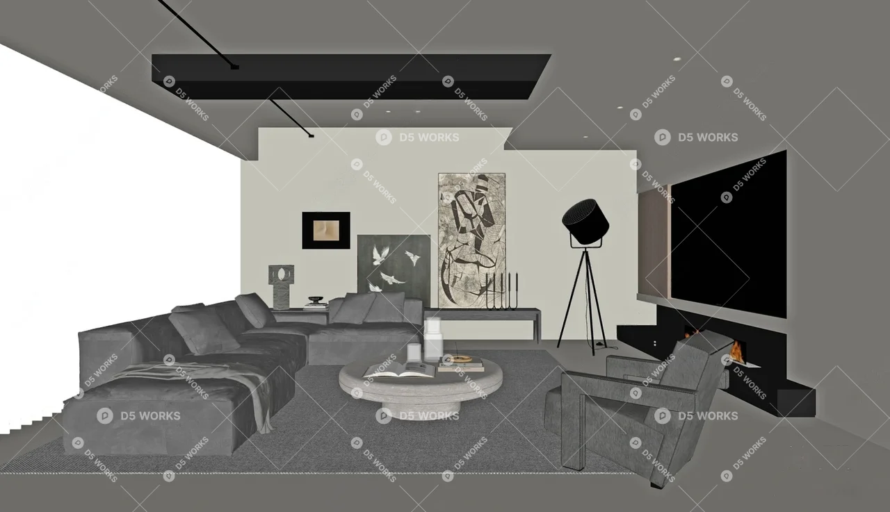 Minimalist Living Room with Sectional Sofa and Fireplace 3d model thumbnail 2
