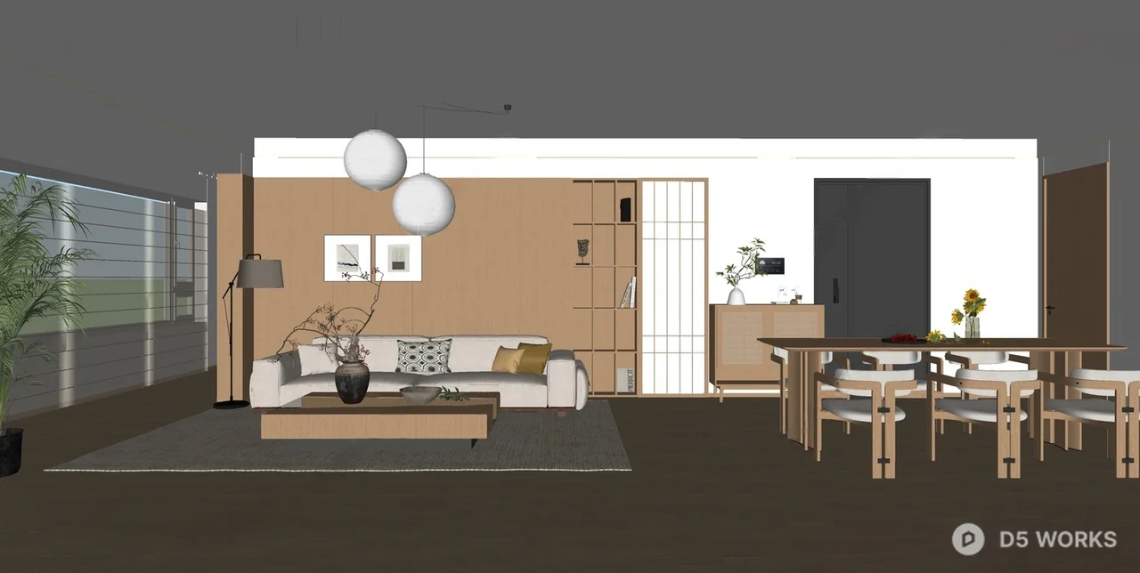 Minimalist Living Room with Warm Wood Paneling 3d model thumbnail 3