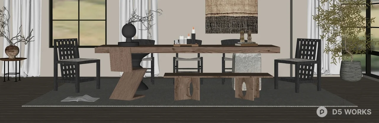 Rustic Wooden Dining Space With Woven Back Chairs And Bench Seating 3d model thumbnail 2