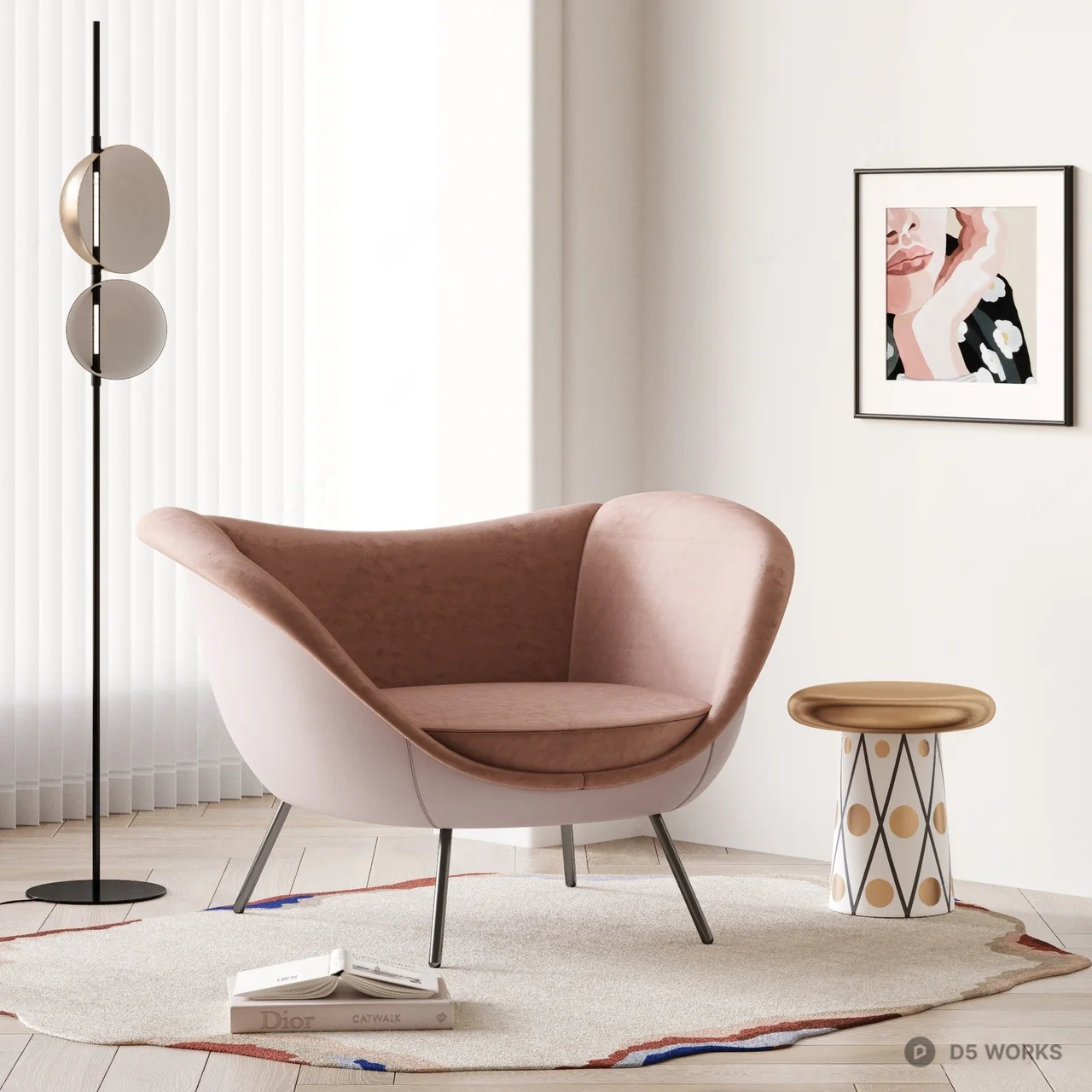 Velvet Curved Armchair With Metal Legs 3d model - Image 1