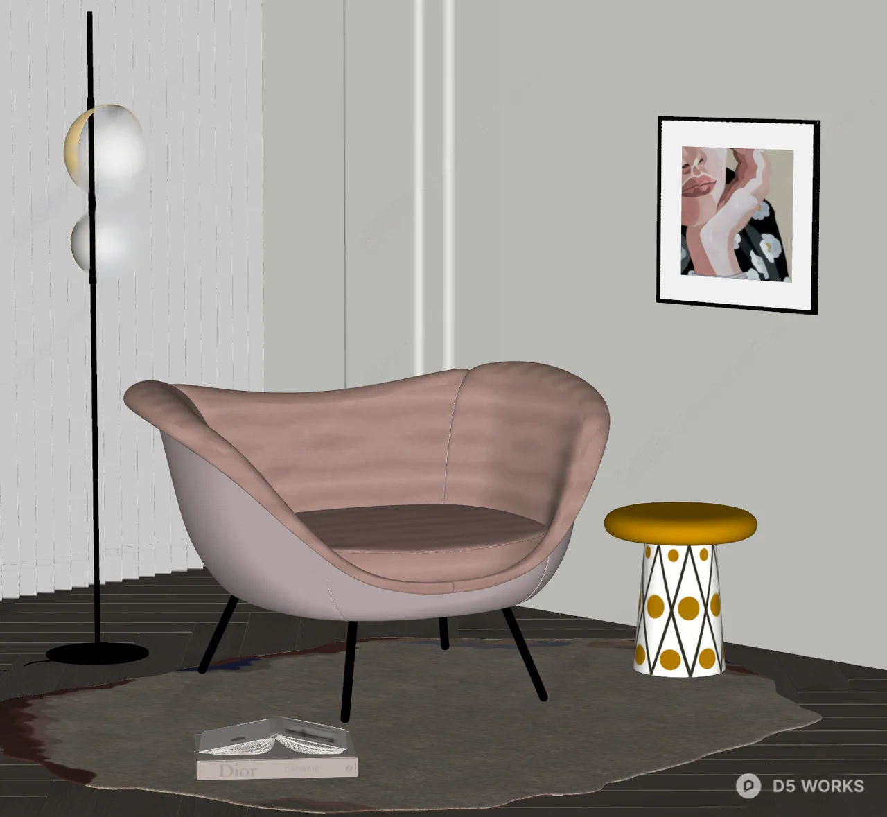 Velvet Curved Armchair With Metal Legs 3d model thumbnail 2