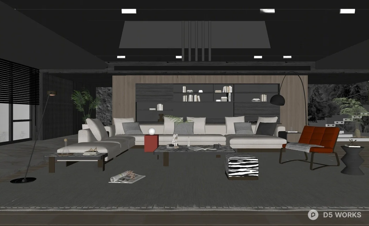 Modern Minimalist Villa Living Room with Ambient Lighting 3d model thumbnail 2
