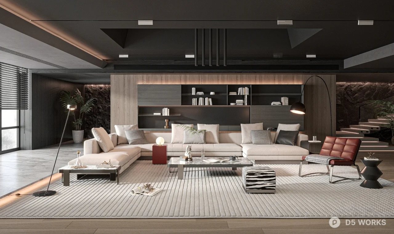 Modern Minimalist Villa Living Room with Ambient Lighting 3d model - Image 1