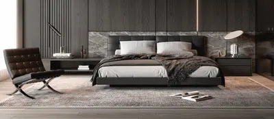 Modern Minimalist Bedroom with Dark Wood Paneling 3d model
