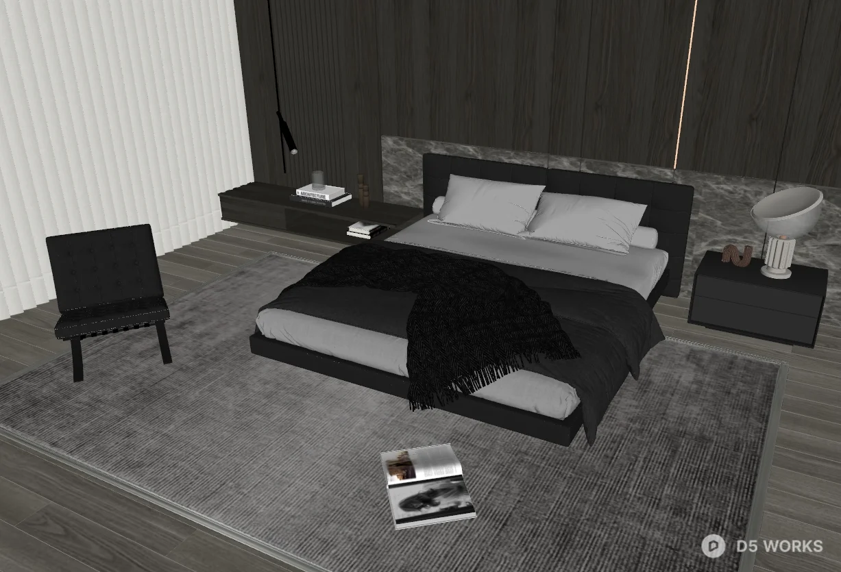 Modern Minimalist Bedroom with Dark Wood Paneling 3d model thumbnail 2