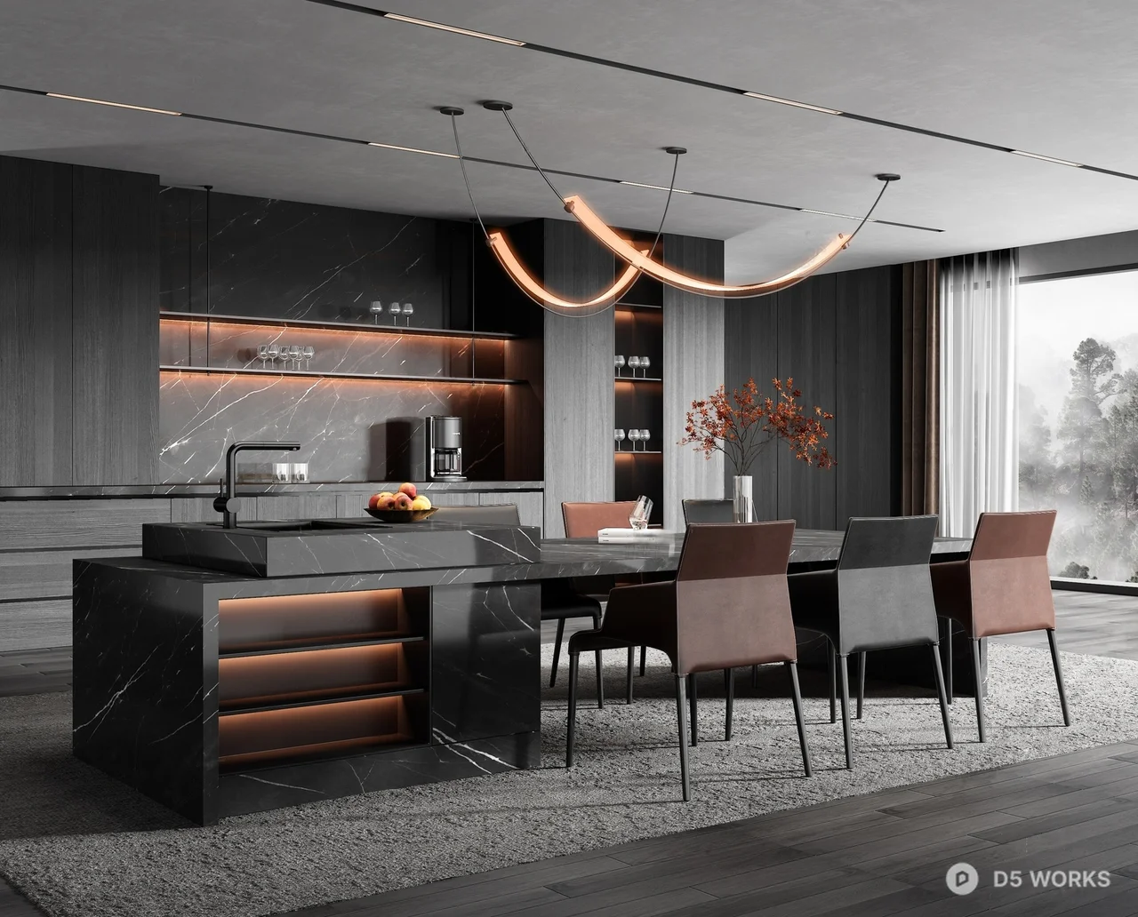 Modern Minimalist Dining Room with Marble Island 3d model - Image 1