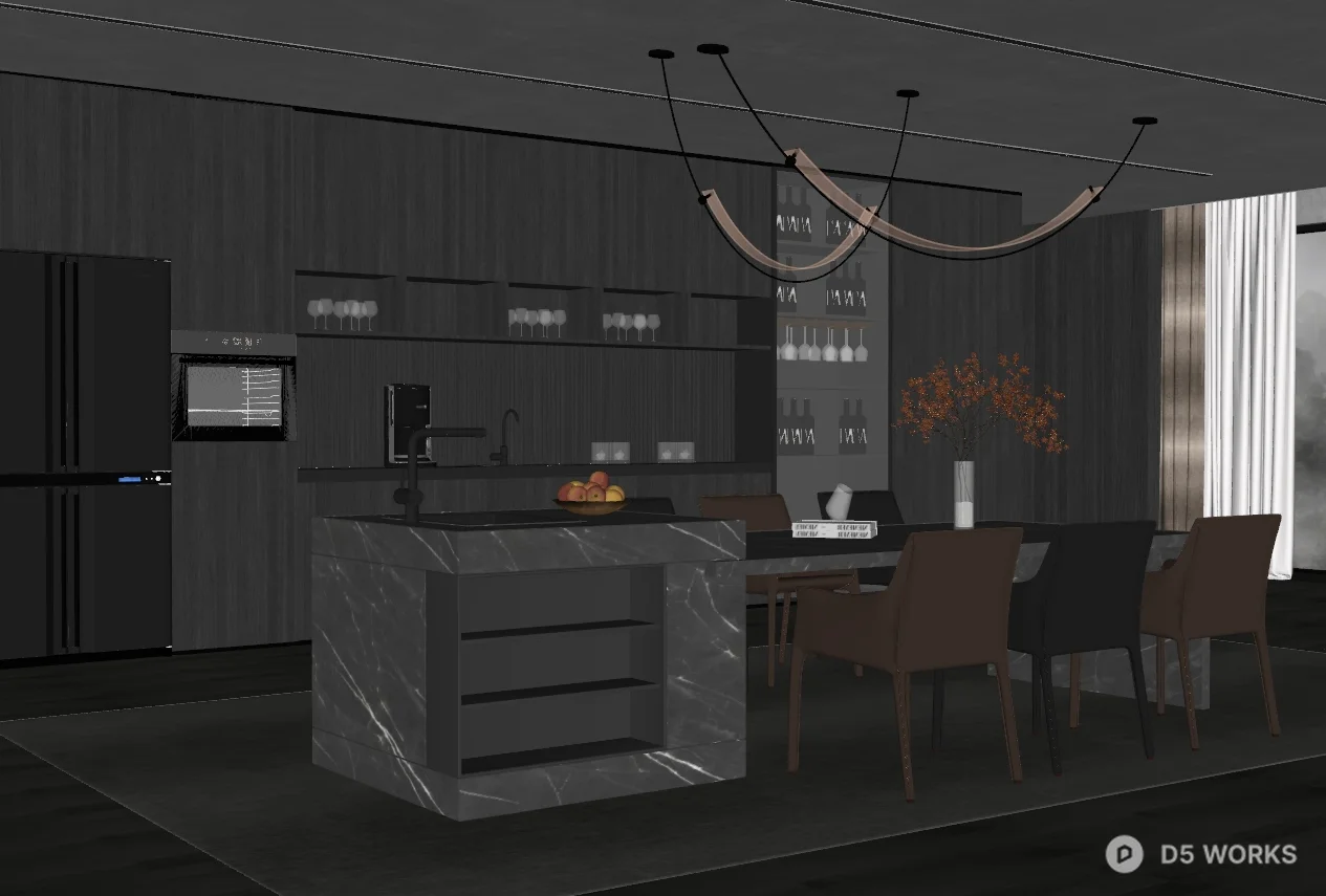 Modern Minimalist Dining Room with Marble Island 3d model thumbnail 2