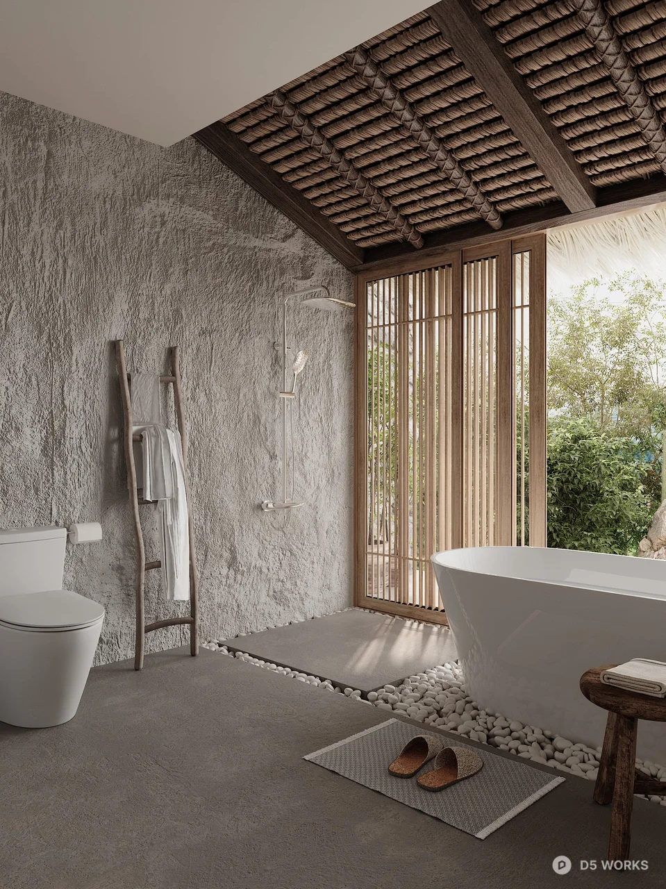Japanese Style Hotel Bathroom with Stone Wall 3d model thumbnail 2