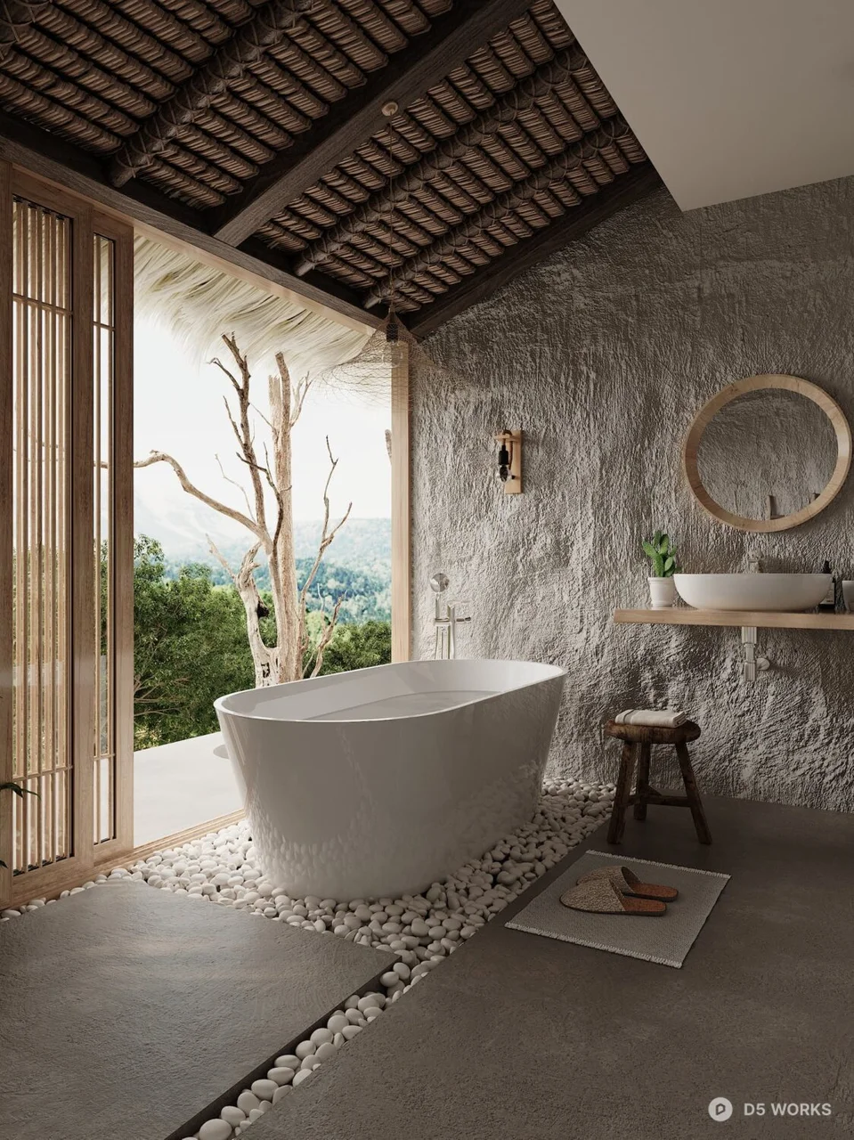 Japanese Style Hotel Bathroom with Stone Wall 3d model - Image 1