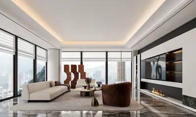 Modern Living Room with Floor-to-Ceiling Windows 3d model