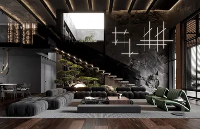 Dark Luxury Living Dining Space with Industrial Staircase 3d model