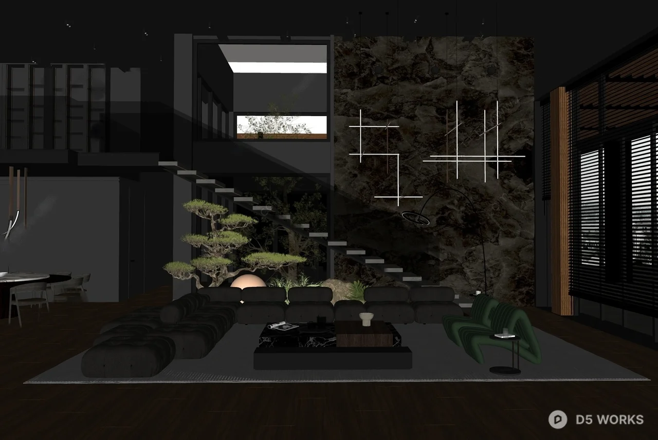 Dark Luxury Living Dining Space with Industrial Staircase 3d model thumbnail 2